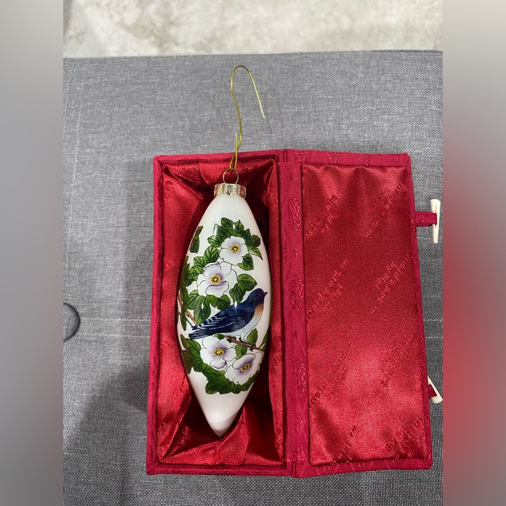 Inside Art by Figi vintage glass ornament bluebird on dogwood with box